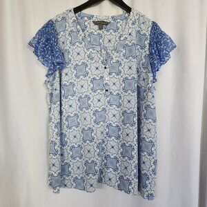 Market & Spruce Blue and White Print Top with Flutter Sleeves 3X